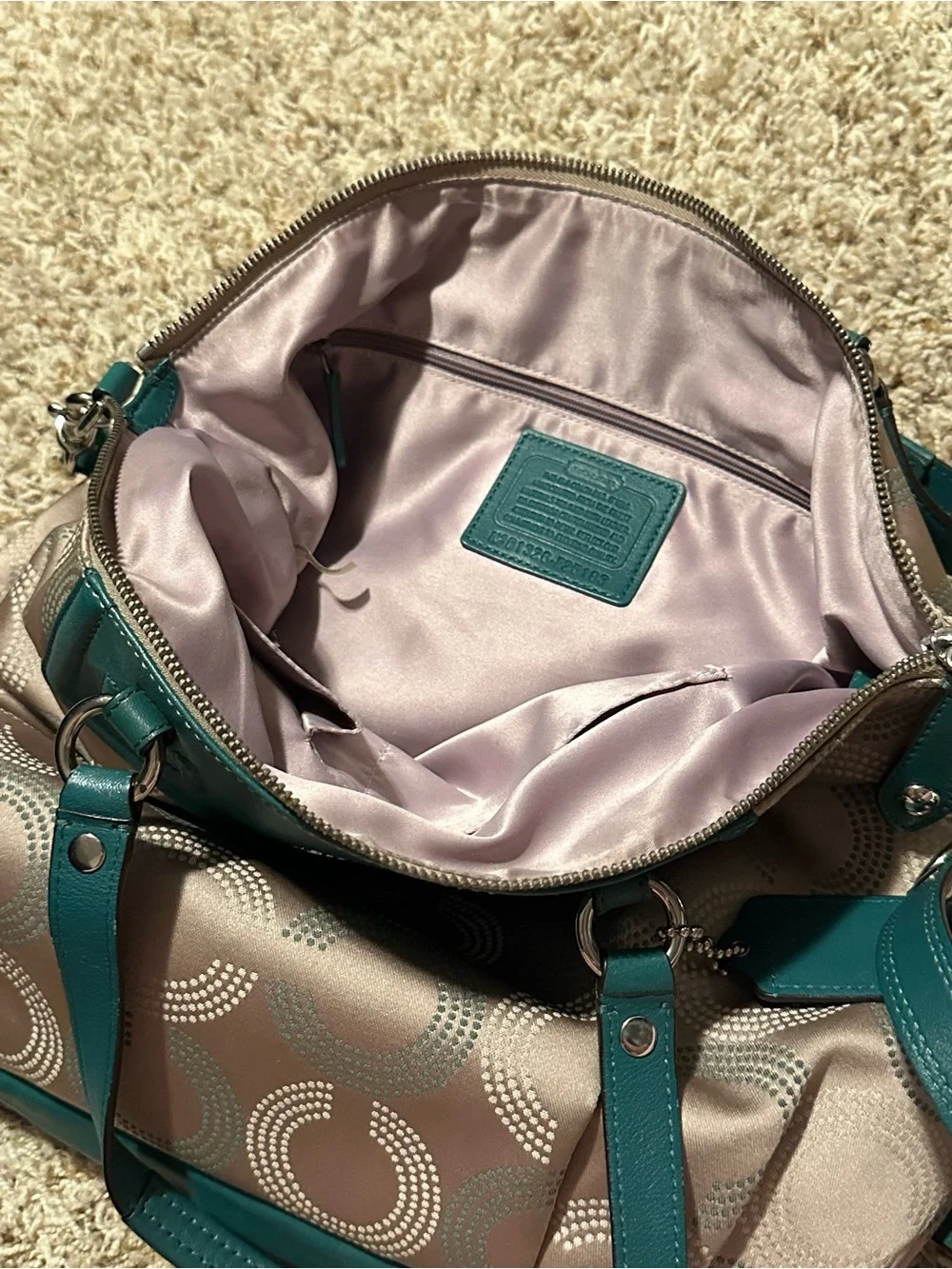 Coach Ashley Dotted Op Art Green Beige Shoulder Crossbody Bag Lilac Lining